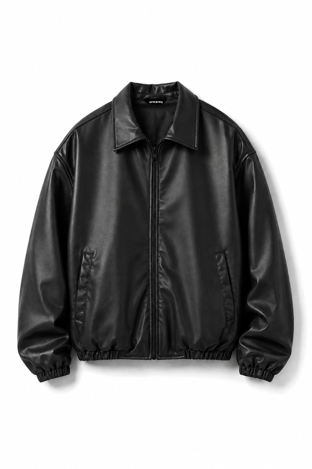 KAIZAN BLACK LEATHER BAGGY-FIT JACKET