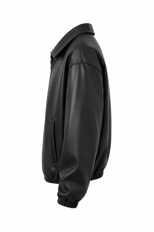 KAIZAN BLACK LEATHER BAGGY-FIT JACKET