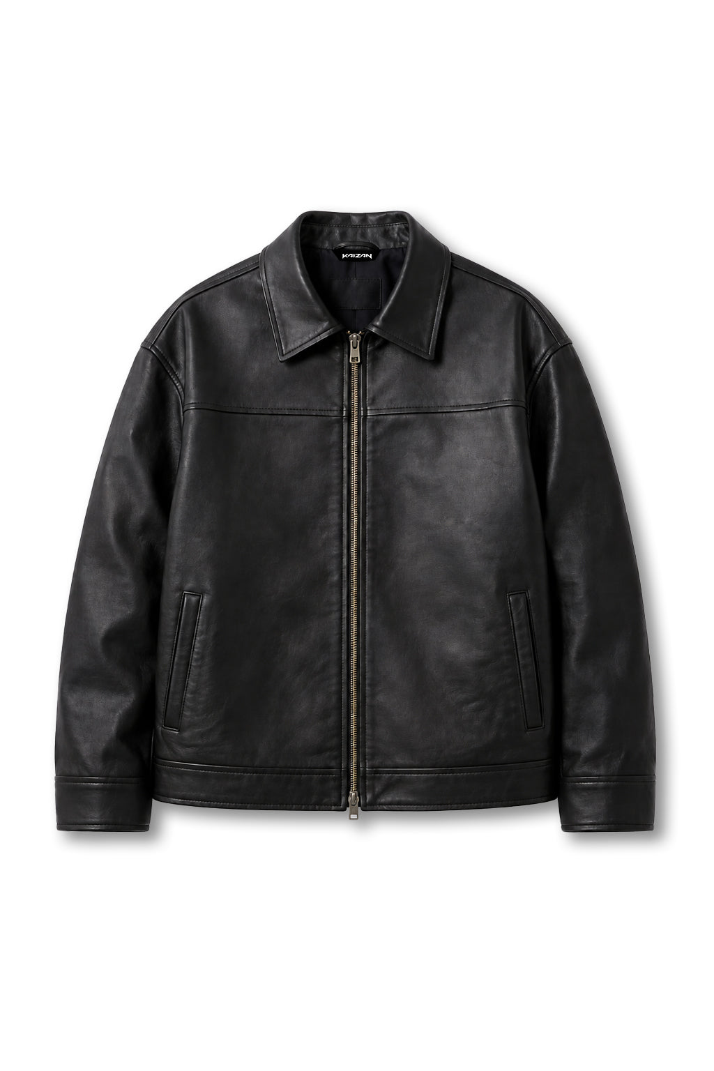 KAIZAN BLACK LEATHER BOXY-FIT JACKET