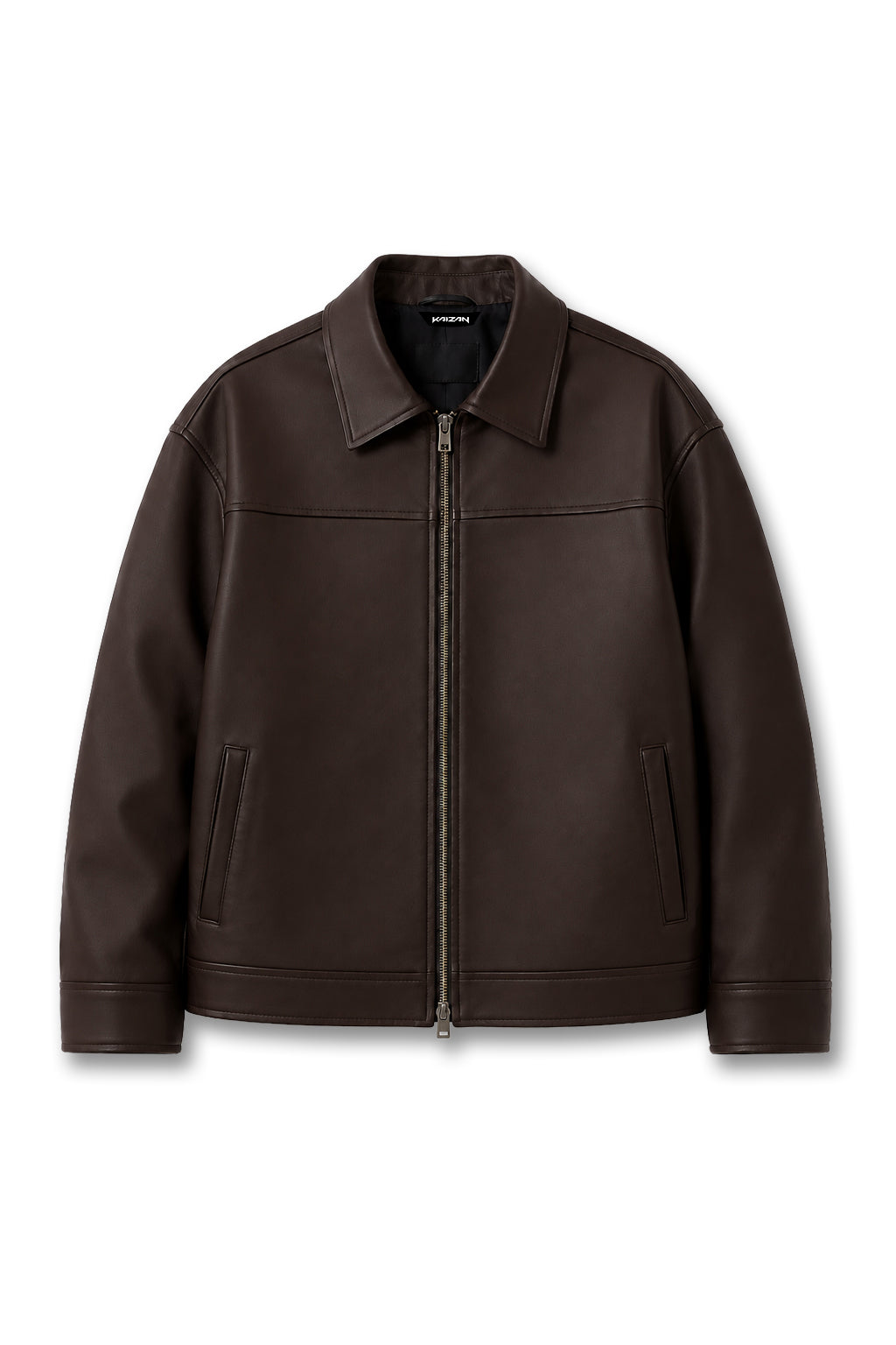 KAIZAN DARK BROWN LEATHER BOXY-FIT JACKET