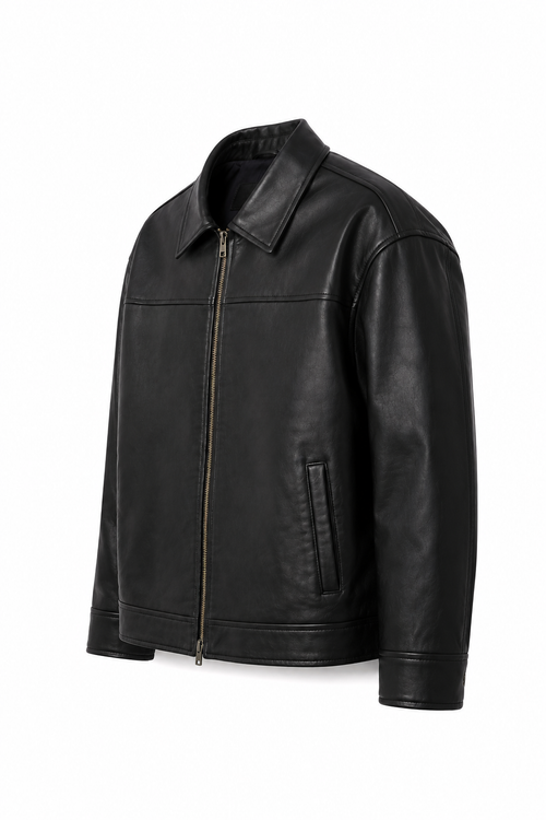 KAIZAN BLACK LEATHER BOXY-FIT JACKET
