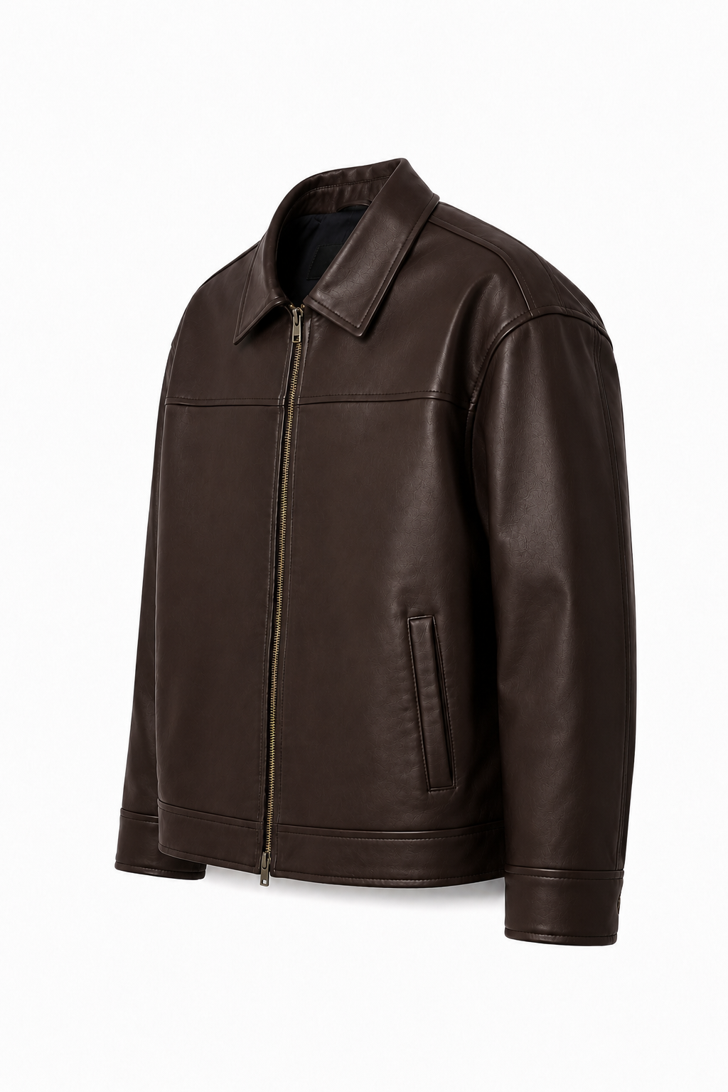 KAIZAN DARK BROWN LEATHER BOXY-FIT JACKET
