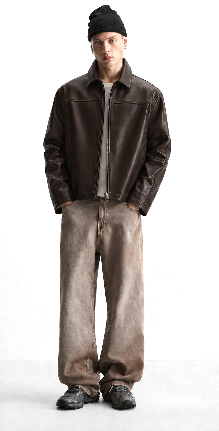 KAIZAN DARK BROWN LEATHER BOXY-FIT JACKET