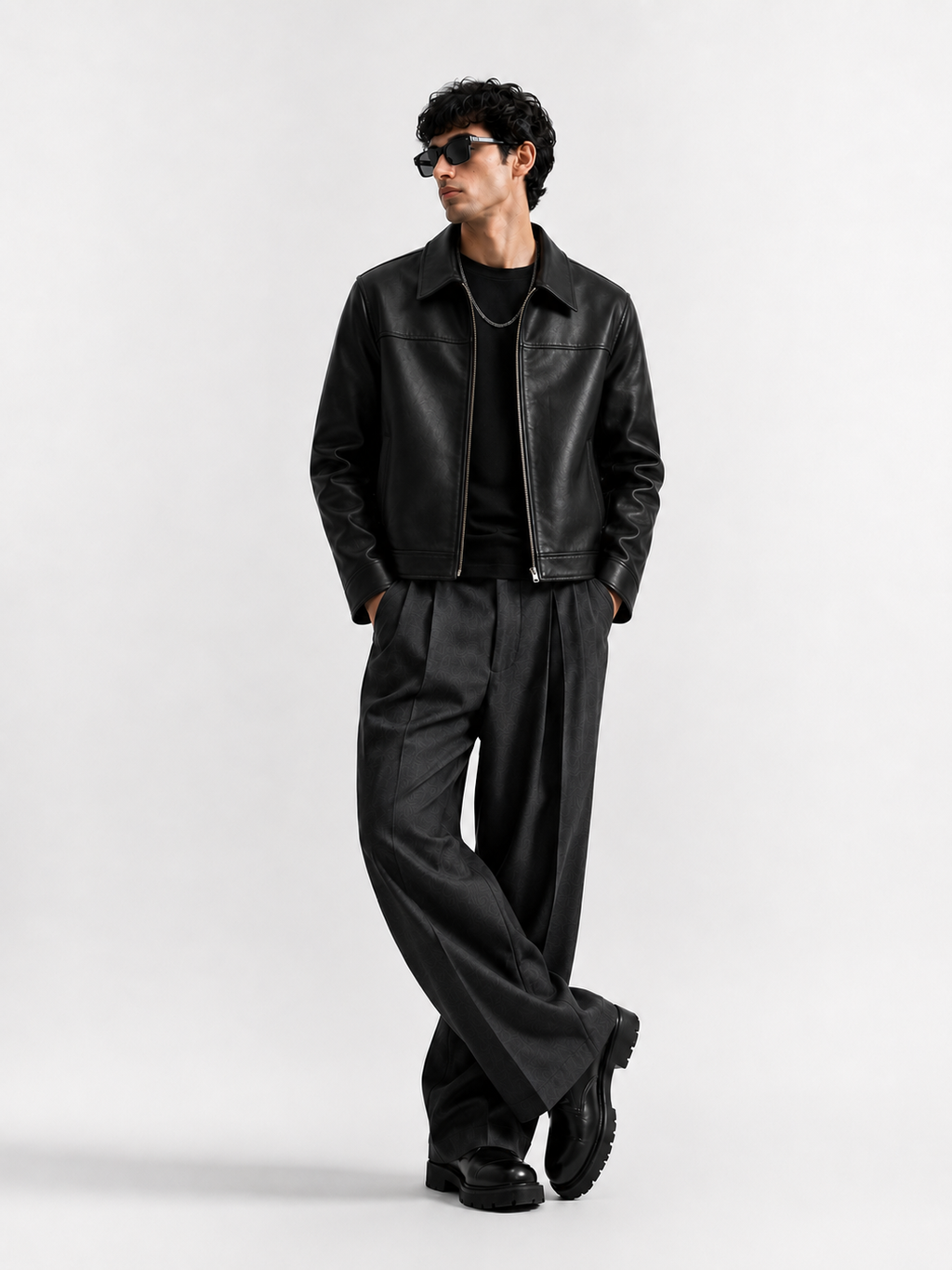 KAIZAN BLACK LEATHER BOXY-FIT JACKET