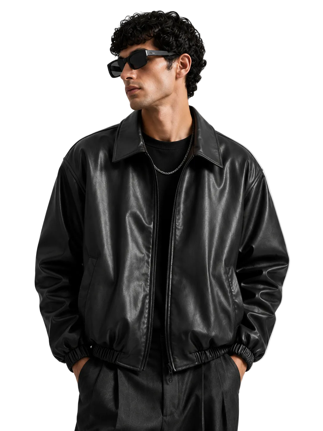 KAIZAN BLACK LEATHER BAGGY-FIT JACKET