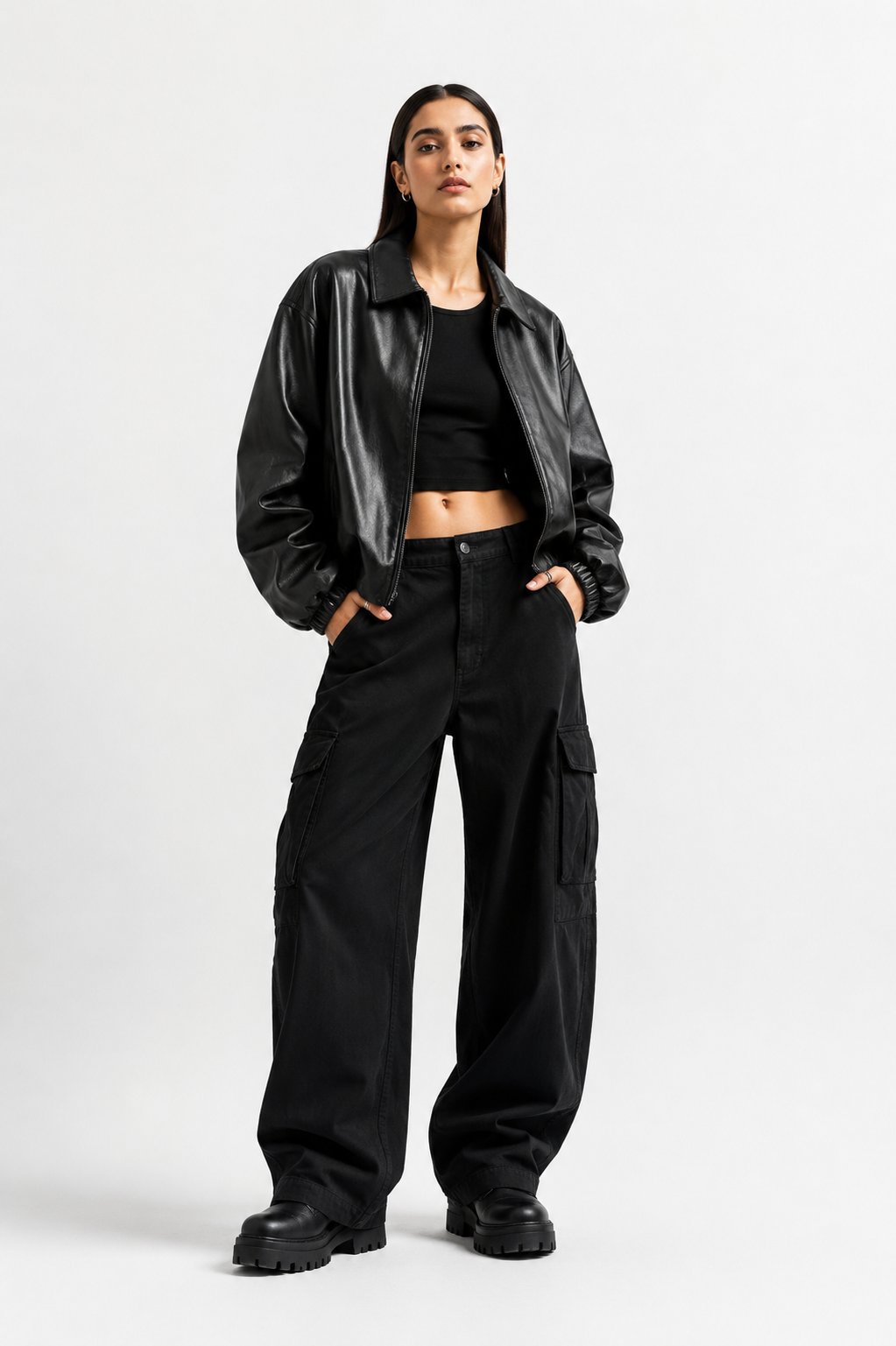 KAIZAN BLACK LEATHER BAGGY-FIT JACKET