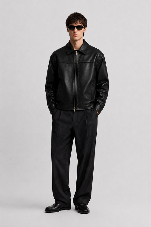 KAIZAN BLACK LEATHER BOXY-FIT JACKET