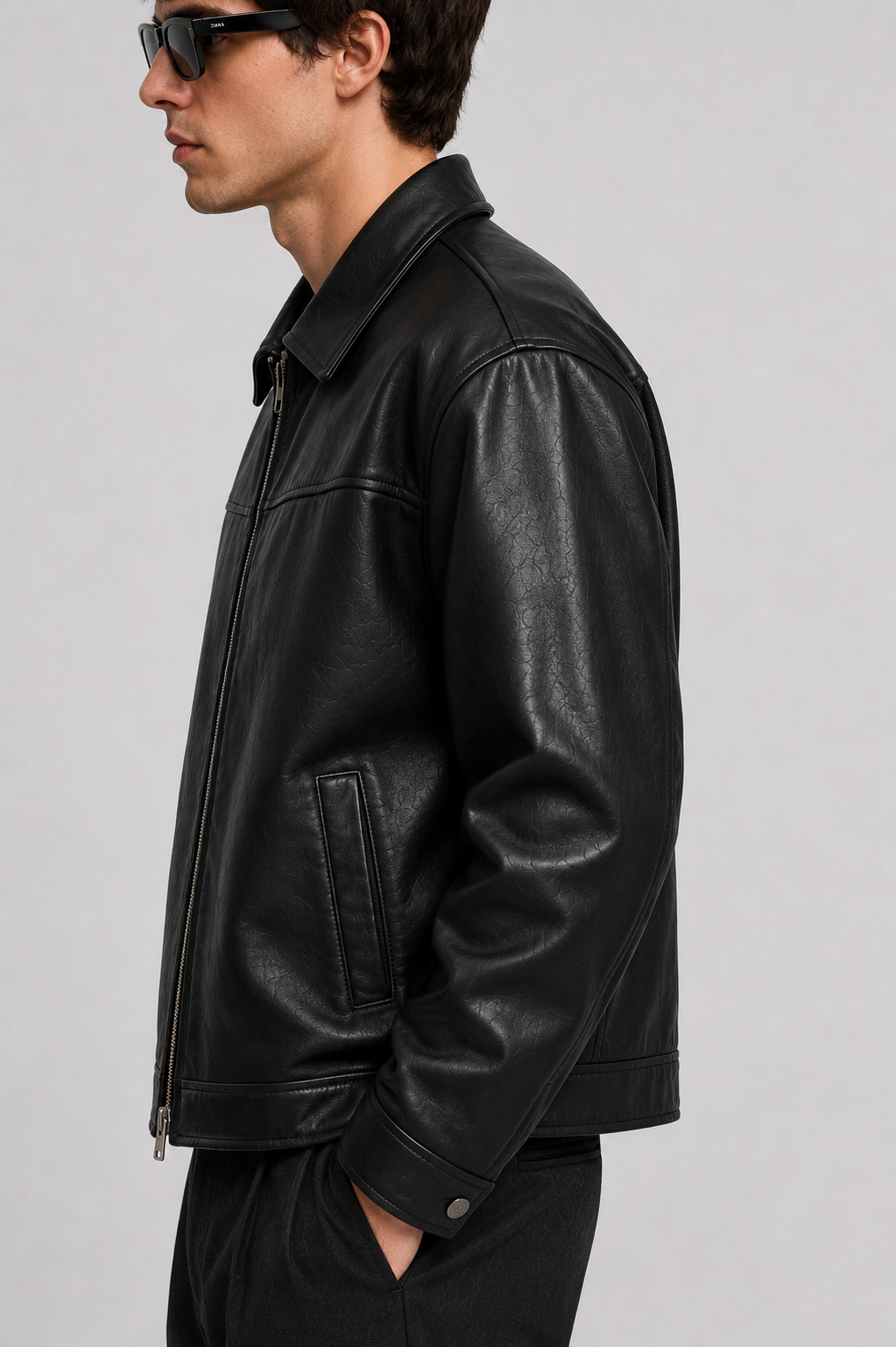 KAIZAN BLACK LEATHER BOXY-FIT JACKET
